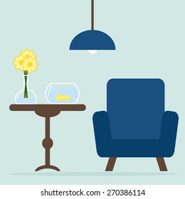 Modern living room interior design with armchair, table, aquarium. flowers. Flat style vector illustration. 