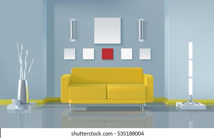 Modern living room interior design with yellow sofa and lamps realistic vector illustration 