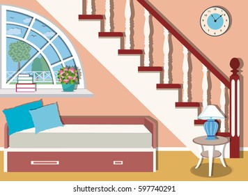 Modern living room interior design with cozy place under the stairs in the house. Comfortable bed near the window. Flat style vector illustration.