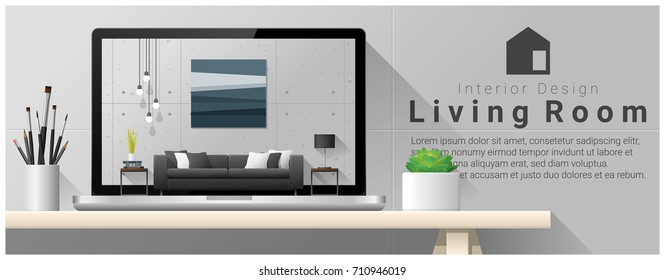 Modern living room interior design background , vector , illustration