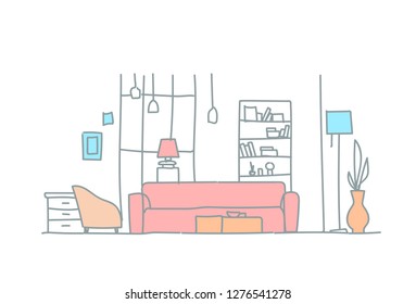 modern living room interior empty house furniture sketch doodle horizontal