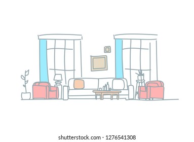 modern living room interior empty house furniture sketch doodle horizontal