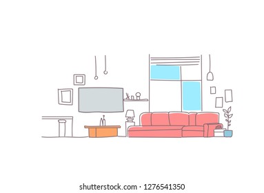 modern living room interior empty house furniture sketch doodle horizontal