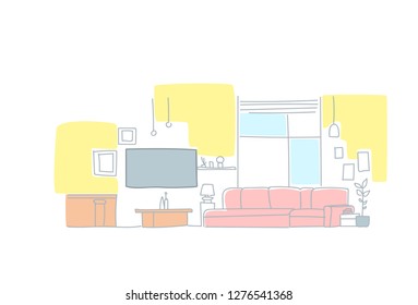 modern living room interior empty house furniture sketch doodle horizontal