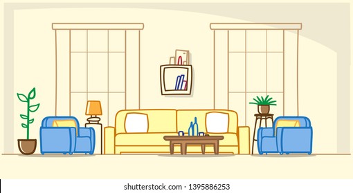 modern living room interior empty no people house furniture contemporary apartment room sketch doodle horizontal vector illustration