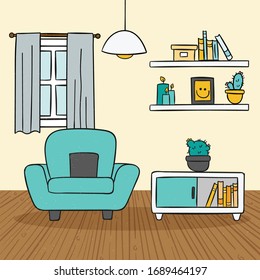 moderno salón interior vacío no hay personas muebles de casa contemporánea sala de apartamentos esbozar doodle ilustración horizontal vectorial