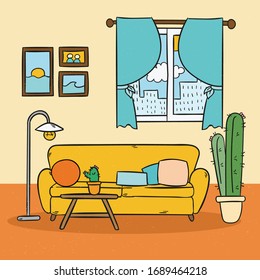 modern living room interior empty no people house furniture contemporary apartment room sketch doodle horizontal vector illustration