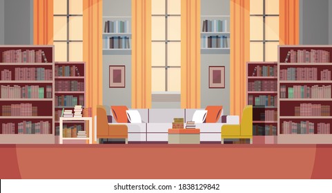 modern living room interior empty no people book club with furniture horizontal vector illustration