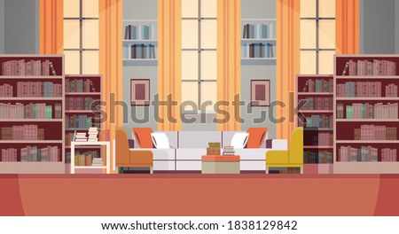 modern living room interior empty no people book club with furniture horizontal vector illustration