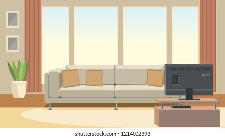 Modern Living Room Interior Flat Vector Illustration with Soft Long Sofa, Panoramic Window with Curtains, Home Plants and TV-set on Stand. Cozy Apartments with Comfortable Furniture and Media Center