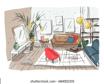 Modern living room interior. Furnished drawing room. Colorful vector illustration sketch on light background.