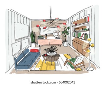 Modern living room interior. Furnished drawing room. Colorful vector illustration sketch on light background.