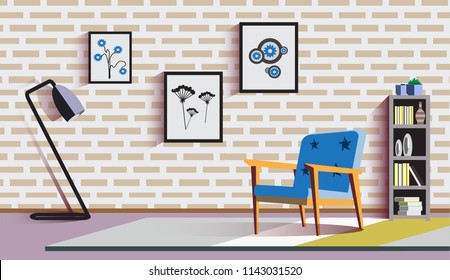 Modern living room interior with furniture, decorative plant, lamps, empty banners concrete wall and wooden floor
