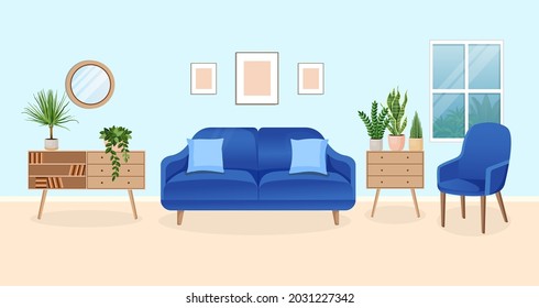 Modern living room interior with furniture and house plants. Design of a cozy room with a sofa and home decor items. Restroom. Vector flat style illustration.