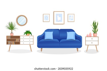 Modern living room interior with furniture and home plants. Design of a cozy room with a sofa, plants and decor items. Vector flat style illustration. lounge room.