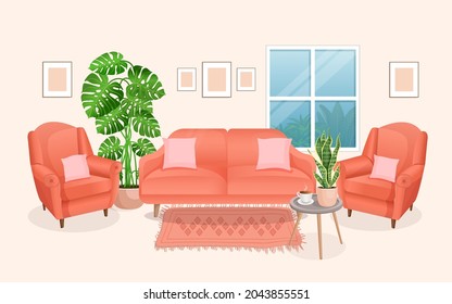 Modern living room interior with furniture and home plants. Design of a cozy room with a sofa, armchairs, plants and decor items. Vector flat style illustration. lounge room.