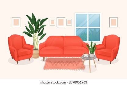 Modern living room interior with furniture and home plants. Design of a cozy room with a sofa, armchairs, plants and decor items. Vector flat style illustration. lounge room