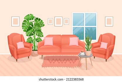 Modern living room interior with furniture and home plants. Design of a cozy room with a sofa, armchairs, plants and decor items. Vector flat style illustration. lounge room