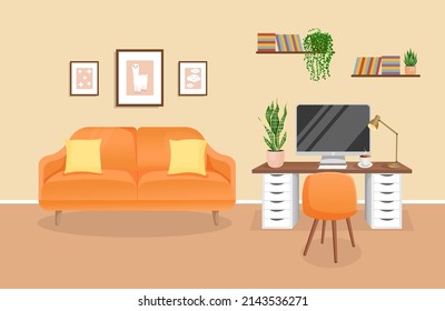 Modern living room interior with furniture and home plants. Design of a cozy room with a sofa, plants and decor items. Vector flat style illustration. lounge room.