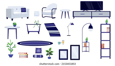 Modern living room interior furniture set with sofa cabinet and lamp tv and house plant