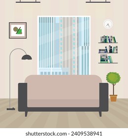 Sala de estar moderna. El interior con mobiliario. Nadie, habitación vacía. Gran sofá, lámpara y ventanas con vistas a la ciudad. Ilustración vectorial plana