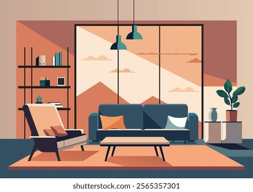 Modern living room interior with furniture.Cozy Living room interior design template in flat style Vector illustration.