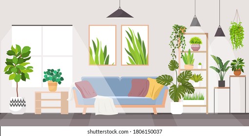 modern living room interior home apartment with houseplants horizontal vector illustration