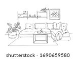 Modern Living Room Interior Illustration with Sofa and Pillows  Coffee Table Plants in a Pot Shelf with Books and Painting on Wall.