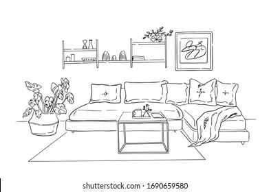 Modern living room interior illustration. Leisure place for relaxation with sofa and pillows, a coffee table, plants in a pot, shelf with books and a painting on a wall.
