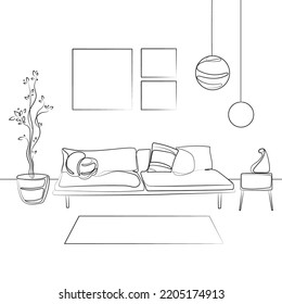 Modern living room interior illustration vector black and white sketch illustration. Leisure place for relaxation with sofa and pillows, plants in a pot, a painting on a wall, line drawing