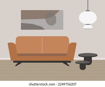 Modern living room interior. Illustration with a sofa, sofa tables and a lamp in discreet light colors.Vector