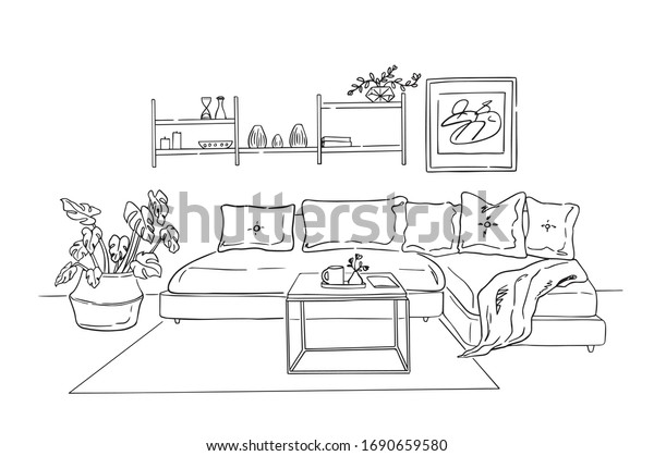 リビングルームのインテリアイラスト ソファと枕でくつろぐ余暇 コーヒーテーブル 鉢の植物 本のある棚 壁に絵が描かれている のベクター画像素材 ロイヤリティフリー