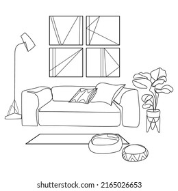 Modern living room interior line art vector illustration.Leisure place for relaxation with sofa and pillows,plants in a pot,painting on a wall.Minimalist interior in modern style black and white sktch