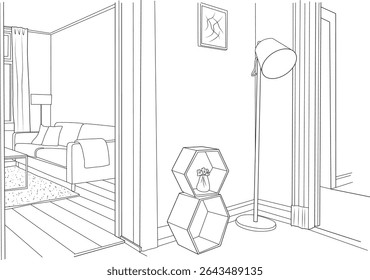 Modern Living Room Interior Line Art, Illustration détaillée en ligne noire et blanche d'un intérieur de salon moderne, avec un canapé, une table basse, un tapis, une lampe et un décor hexagonal