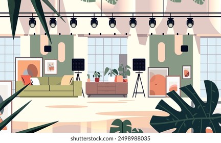 Modern living room interior with plants sofa artwork lighting equipment stylish decor flat design