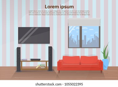 Modern Living Room Interior With Red Couch And Big Led Televison Set On Wall