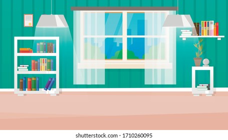 Modern living room interior. Shelves and shelving with books, window and parting. Vector illustration.