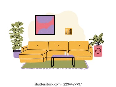 Modern living room interior with sofa, potted plants and home decorations. Comfy and cozy lounge furnished in trendy Scandinavian style. Colored flat vector illustration isolated on white background