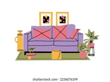 Modern living room interior with sofa, potted plants and home decorations. Comfy and cozy lounge furnished in trendy Scandinavian style. Colored flat vector illustration isolated on white background