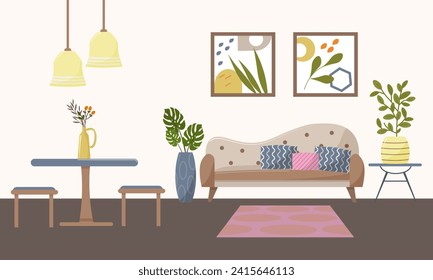 Modernes Wohnzimmer-Interieur. Ein Sofa, ein Tisch mit Stühlen, ein Kronleuchter und Pflanzen in Töpfen, Bilder an der Wand. Für Broschüren, Prospekte, Flyer, Möbelläden. Flache Vektorgrafik.