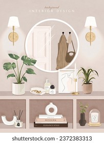 Modern living room Interior. Stylish home decorations. Art deco furniture. Scandinavian aesthetic social media post template. Trendy feminine style. Flat design hand drawn element vector illustration.