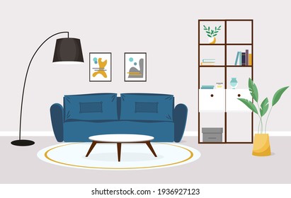 Modern living room interior. Vector banner. Design of a cozy room with a sofa, floor lamp and decor accessories