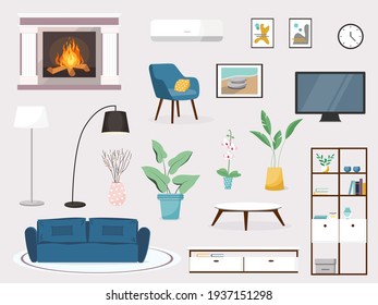 Modern living room interior. Vector banner. Large detailed interior set. Cozy living room. Flat vector illustration