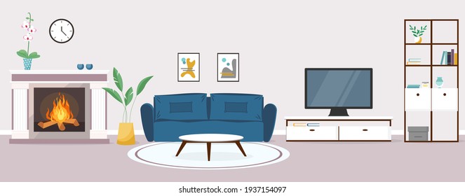 Modern living room interior. Vector banner. Design of a cozy room with a sofa, TV, furniture, fireplace and decor accessories