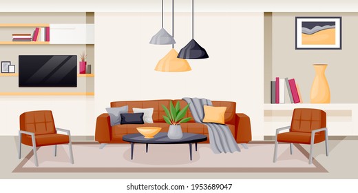Modernes Wohnzimmer-Interieur. Vektorflache Cartoon-Illustration. Luxuswohnung zu Hause. Zeitgenössischer häuslicher Hintergrund. Designelemente für Möbel
