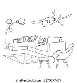 Modern living room interior vector illustration. Leisure place for relaxation with sofa and pillows chair, floor lamp and decor branch on the wall black and white sketch drawing.Modern furniture
