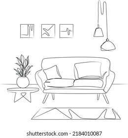 Modern Living Room Interior Vector Sketch Illustration. Leisure Place For Relaxation With Sofa And Pillows, Plants In A Pot, Modern Chandelier Lamps, Black And White Drawing