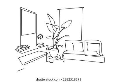 Ilustración vectorial de la sala de estar moderna. Lugar de descanso con sofá y almohadas, dibujo continuo de una línea. Ventana y cortina, plantas en una olla. Pintura en la pared