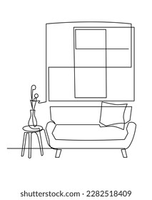 Modern living room interior vector illustration. Leisure place for relaxation with sofa and pillow continuous one line drawing. Window or painting on the wall. Simple interior sketch.