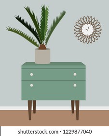 Modern living room interrior. Chest of drawers with palm and clock. Vector illustration.
